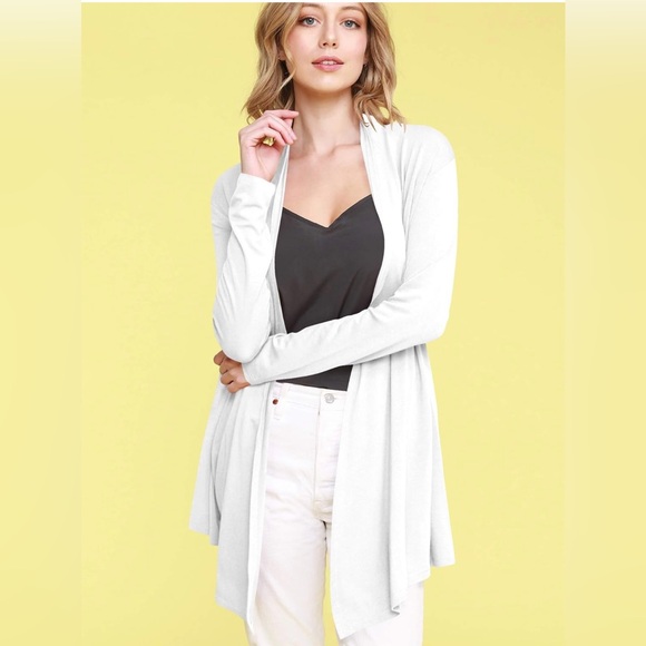 Draped Front Open Cardigan Casual Long Sleeve Lightweight Cardigan -white - Picture 2 of 6